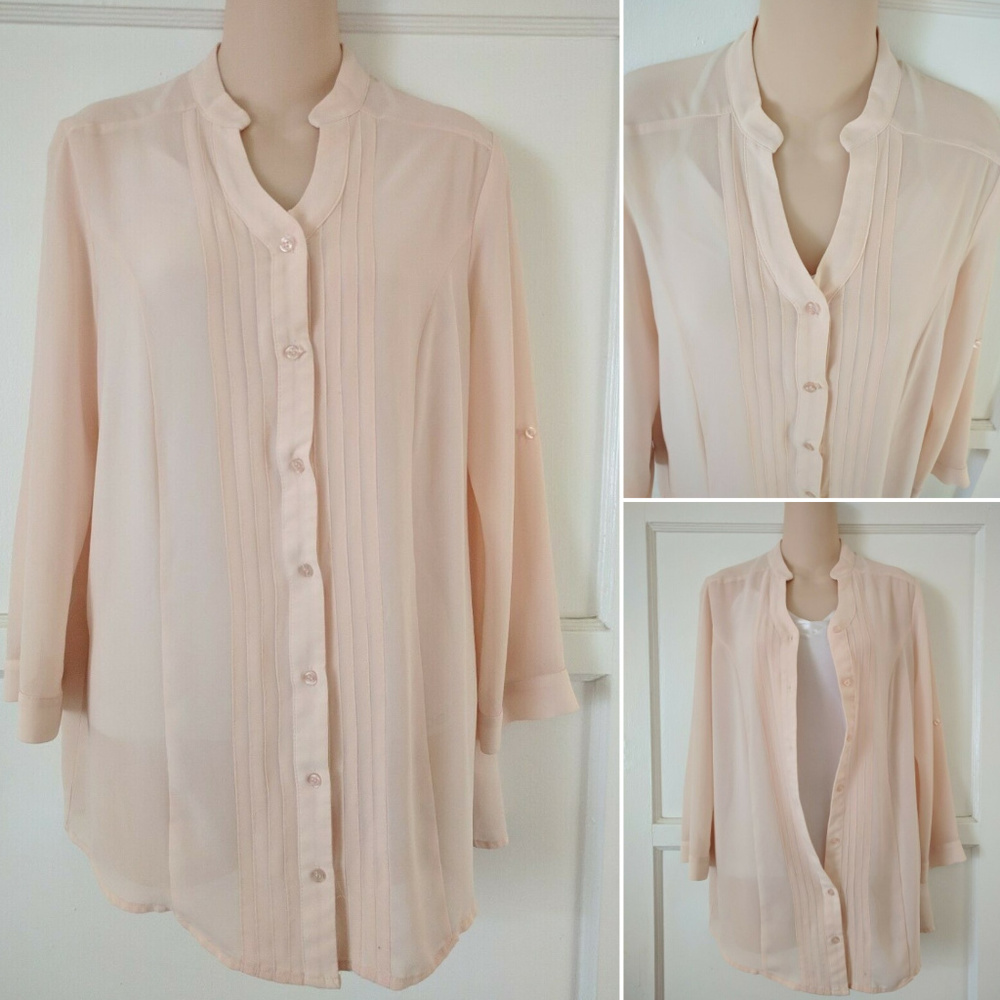 Sheer Long Sleeve Blouse Top Peach Cream Blush~MED